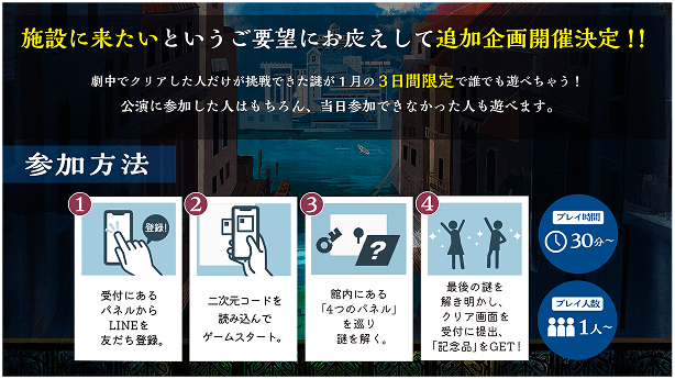 施設に来たいというご要望にお応えして追加企画開始決定!! 劇中でクリアした人だけが挑戦できた謎が1月の3日間限定で誰でも遊べちゃう！公演に参加した人はもちろん、当日参加できなかった人も遊べます。[参加方法]①受付にあるパネルからLINEを友だち登録。②二次元コードを読み込んでゲームスタート。③館内にある「4つのパネル」を巡り謎を解く。④最後の謎を解き明かし、クリア画面を受付に提出、「記念品」をGET！ [プレイ時間]30分～ [プレイ人数]1人～