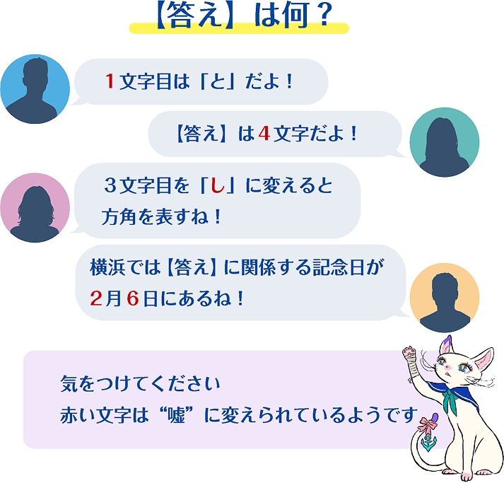 【答え】は何？ 1文字目は「と」だよ！【答え】は4文字だよ！3文字目を「し」に変えると方角を表すね！横浜では【答え】に関する記念日が2月6日にあるね！気をつけてください 赤い文字は”嘘”に変えられているようです