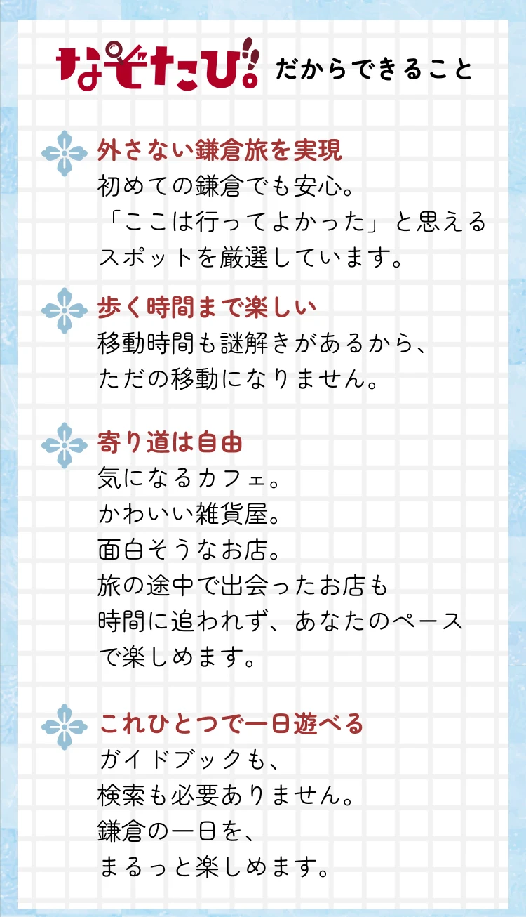 なぞたび！だからできること 外さない鎌倉旅を実現・歩く時間まで楽しい・寄り道は自由・これひとつで一日遊べる
